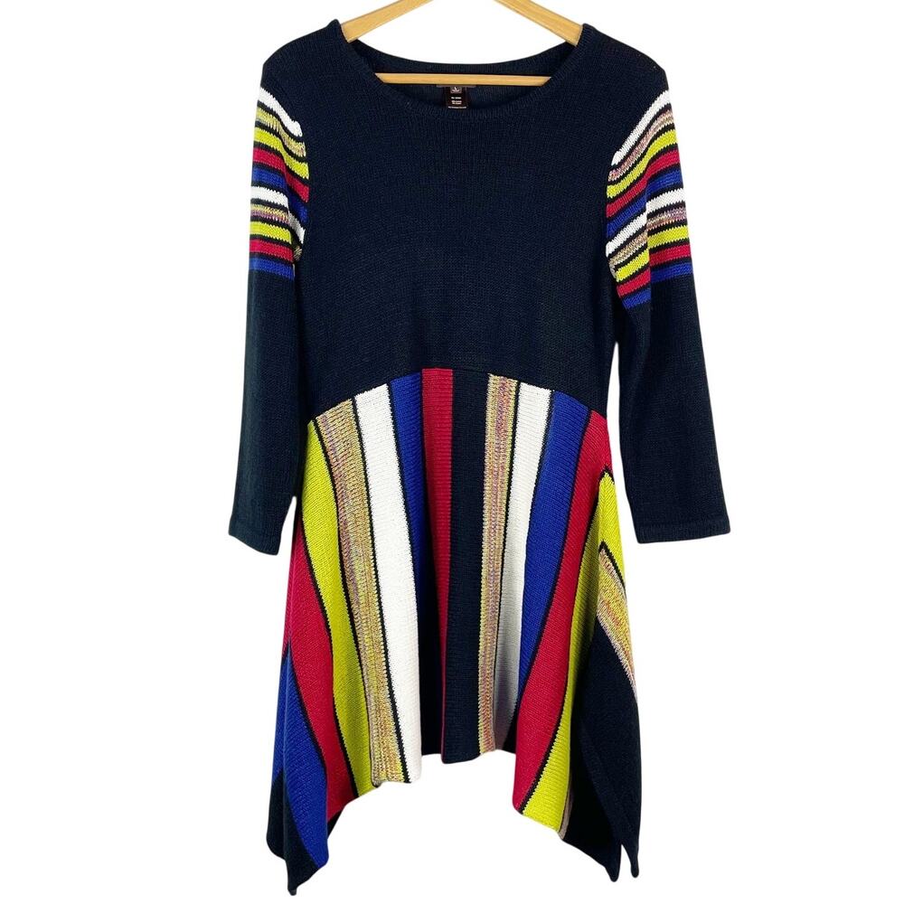 Multiples Women's Multicolor Black Stripe Knit Top Handkerchief Hem Size L Artsy